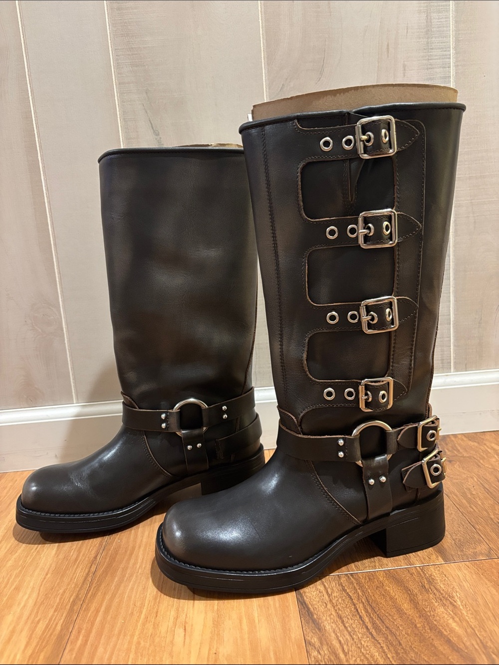 Steve Madden Dark Brown Leather Buckle Combat Boots